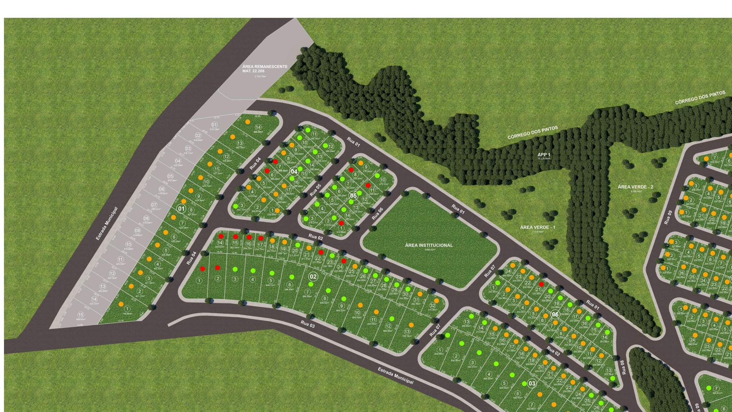 Mapa de disponibilidade dos lotes do Parque das Flores em Sacramento-MG, com bolinhas verdes para lotes disponíveis, amarelas para reservados e vermelhas para vendidos